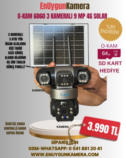 OKAM 6060 SOLAR 4G 3 LENS KAMERA+64GB SD KART